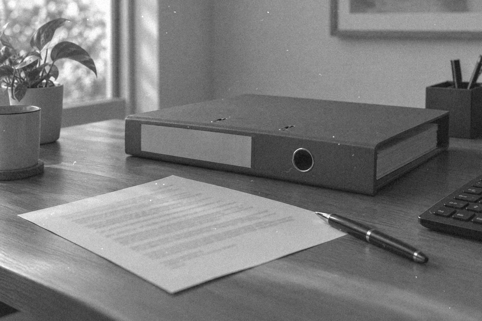 Biurko administratora z segregatorem i wydrukiem zasad dostępu do kluczy