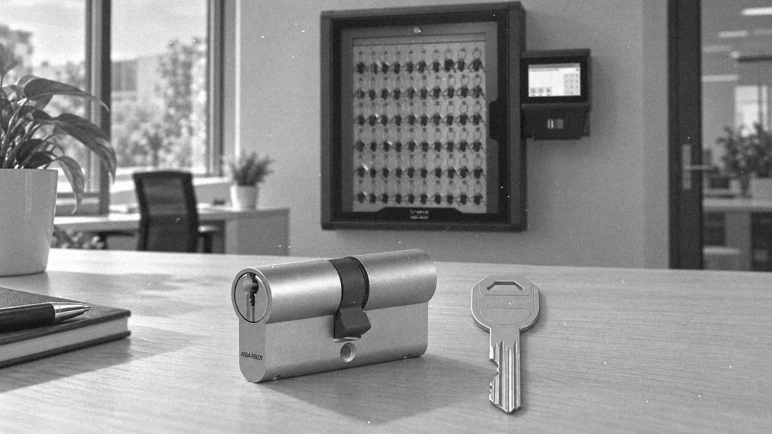 Depozytor kluczy Traka Touch Pro S na ścianie obok klucza systemu Master Key z wkładką